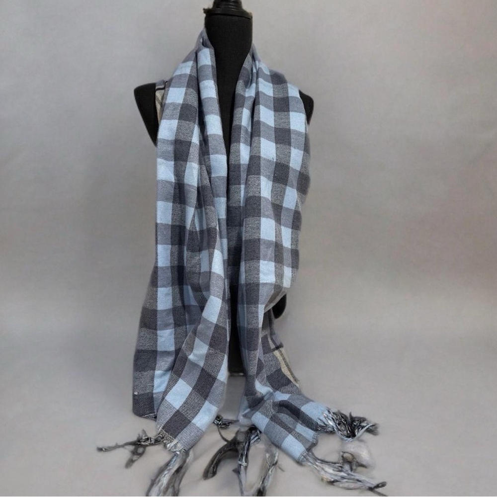Super SoftDouble sided Plaid & Checked Pattern Blue Toned Long Scarf NEW - Picture 12 of 17